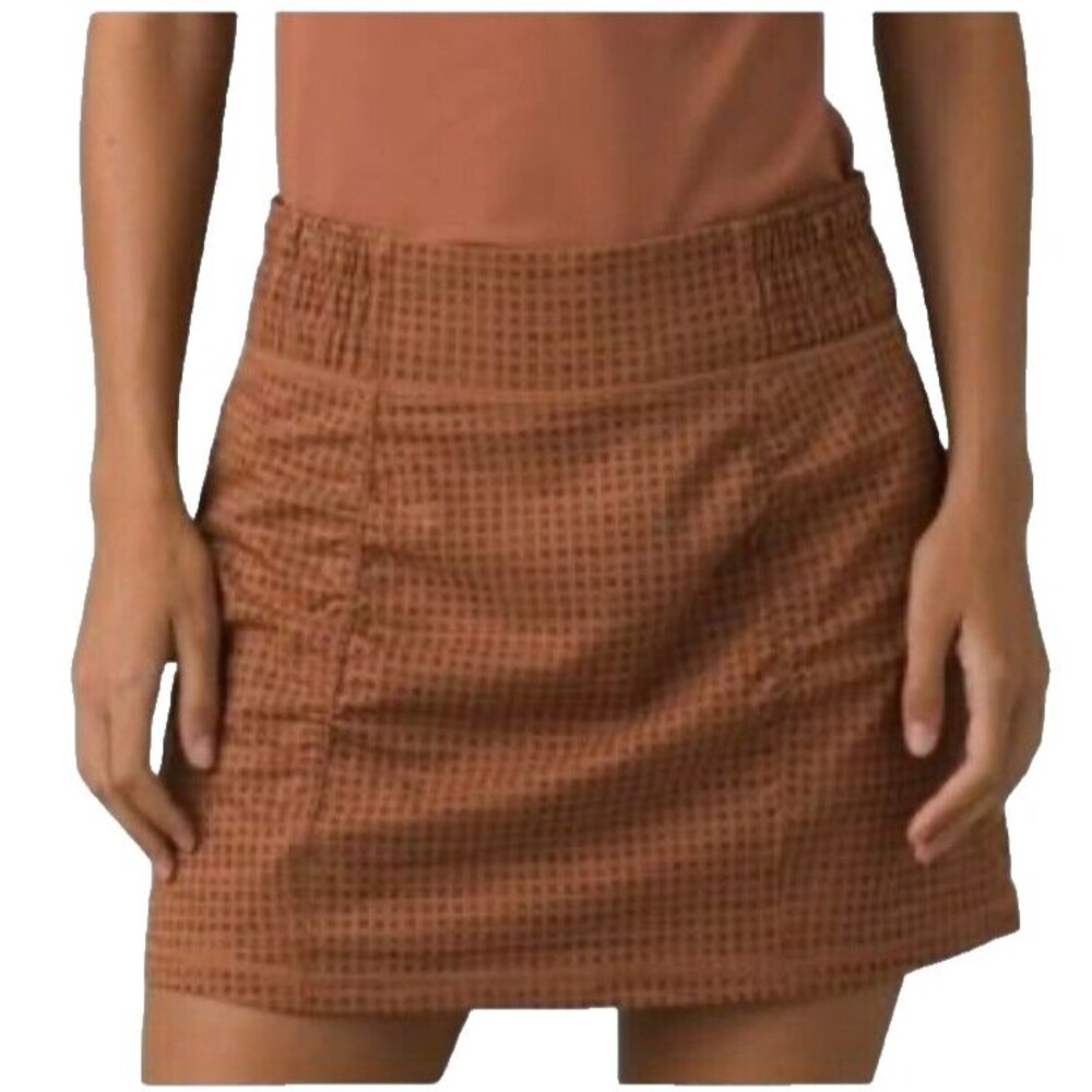 PRANA Women's Railay Skort XS Terra Brown Tan Gingham Pull-On Stretch